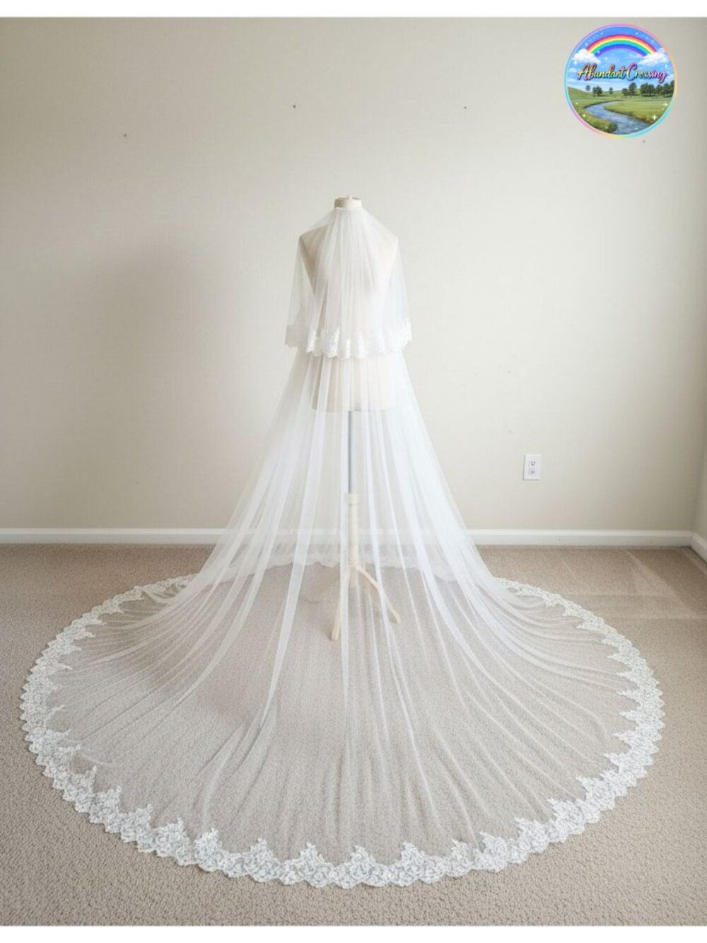 2 Tier Royal Length Lace Wedding Bridal Veil with Comb Cathedral Train